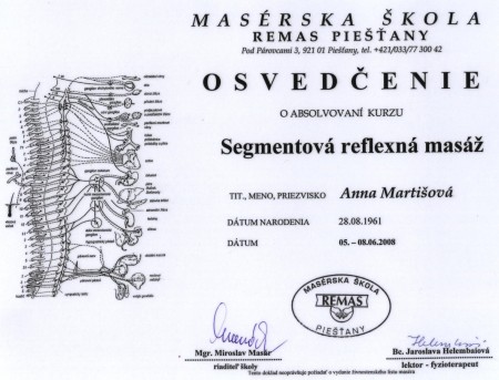 Osvedčenie  Segmentová reflexná masáž